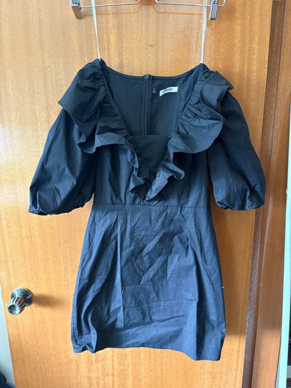 Ruffled V-Neck Puff Sleeve Mini Dress - Black